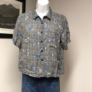 Women’s Passport Black and White Floral Plaid Button Down Shirt Size L